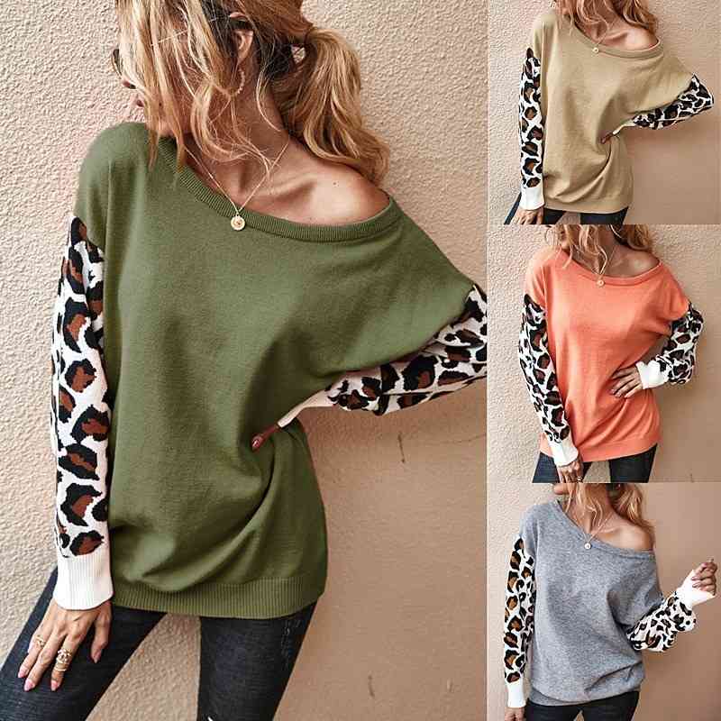 

Plus Size Women' Leopard Sweaters Autumn Winter Color Block Knit Pullovers Ladies Bottoming Shirt Casual Knitwear Blusa 210603, Gray