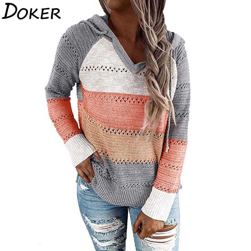 

Women Sweaters And Pullovers Autumn Fashion Patchwork Long Sleeve Ladies Hooded Pull Jumper Plus Size Vintage Knitted Sweater 210603, Pink