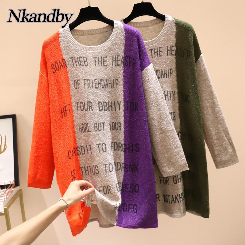 

Plus Size T-Shirt Nkandby Midi Knitted Sweaters 2021 Autumn Winter Women Fashion Loose Patchwork Pullovers Jumpers Female Large Clothing
