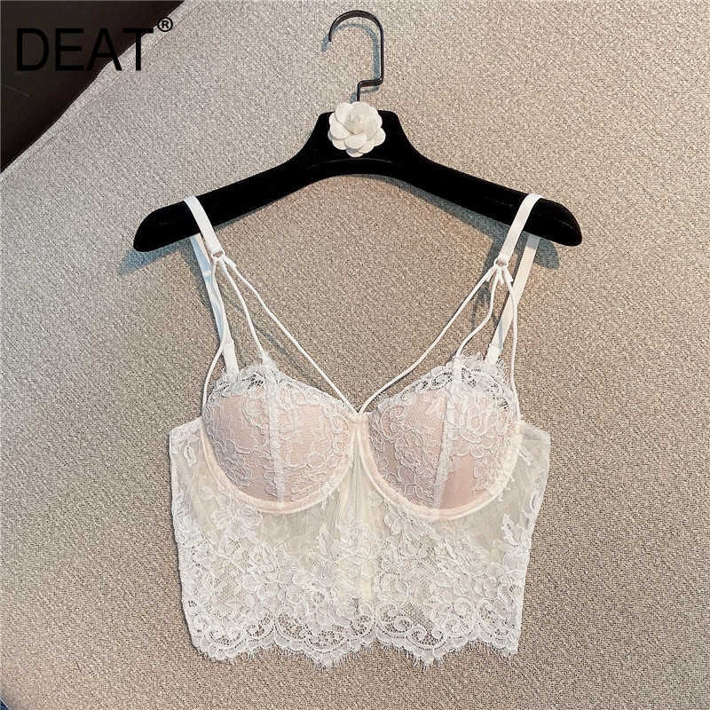 

DEAT Women Translucent Lace Sling Camis Arrivals Backless Slim Sexy Fashion Spring Summer 11D434 210709, Black