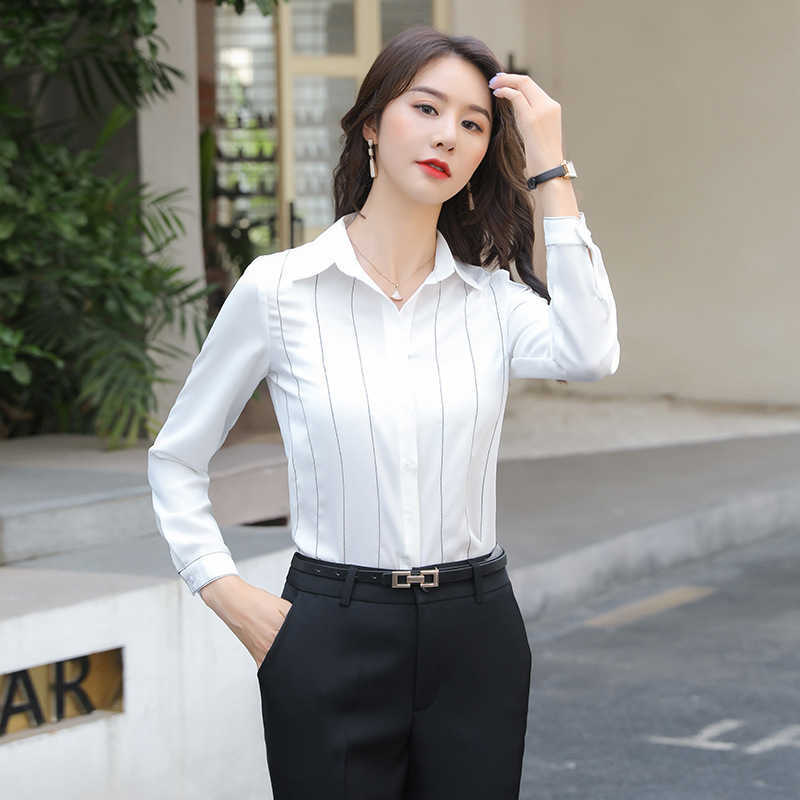 

Large size -4XL ladies professional office striped shirt High quality chiffon bottoming overalls 210527, White shirt