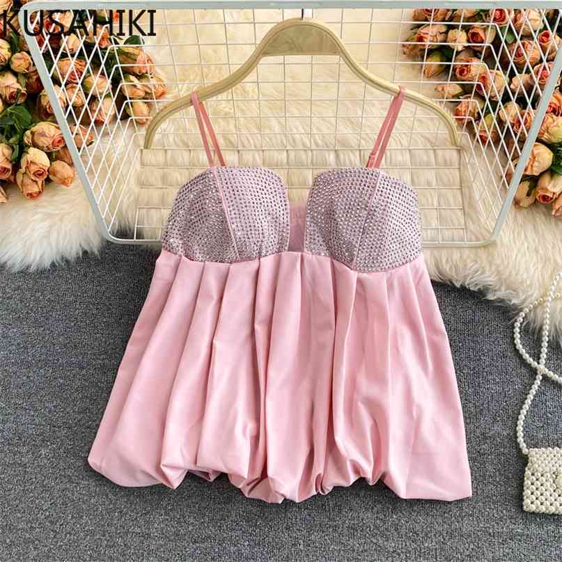 

Korean Diamonds Patchwork Womens Tops Causal Pleated A-line Sweet Camis Summer Tanks Top Female 6J750 210603, White