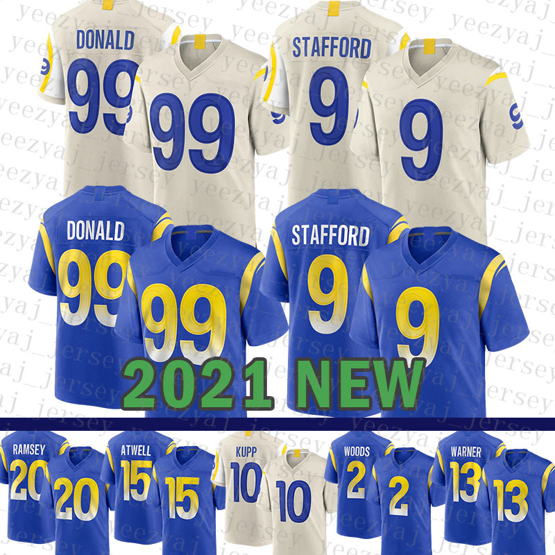 

2021 New Los Mens Angeles American Football Jersey Ram 99 Aaron Donald 9 Matthew Stafford 20 Jalen Ramsey 15 Tutu Atwell 2 Robert Woods 10 Cooper Kupp 13 Kurt Warner TOP, Mens-gongyang
