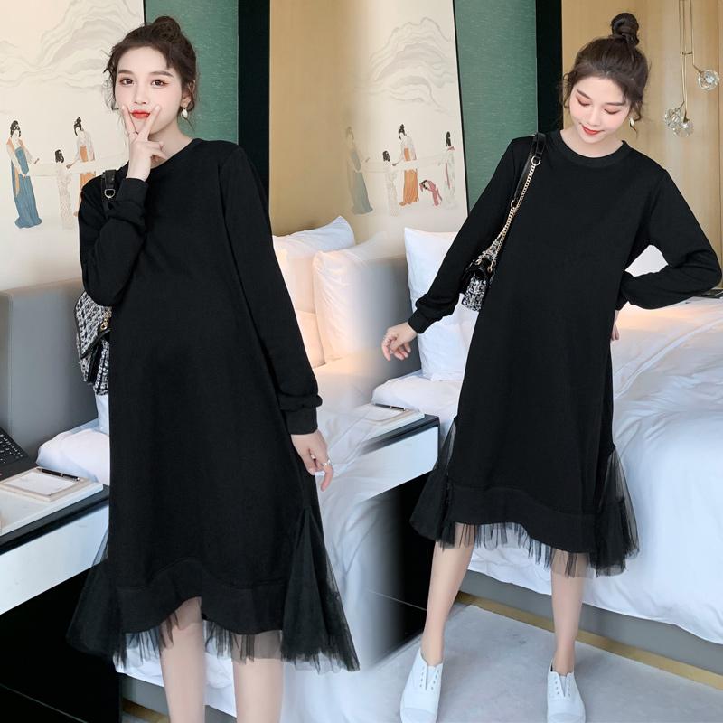 

Maternity Dresses 018# Autumn Korean Fashion Black Dress With Gauze Patchwork A Line Slim Nursing Clothes For Pregnant Women Pregnancy, White