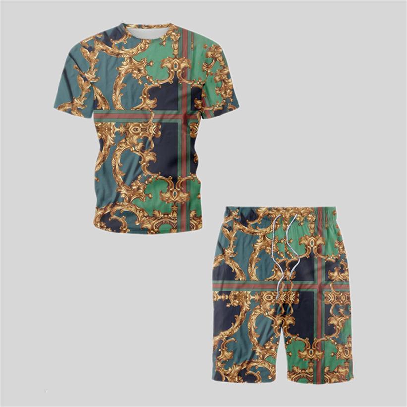 

trendy summer short sleeve men tracksuit chinese style classical printed male t shirt shorts 2 piece oversized casual suit, Gray