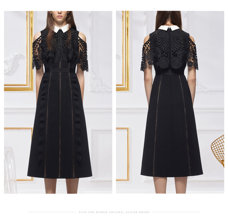 Casual Dresses Women Summer Fashion Lace-Overlay Woven Turn-down Collar Split Hem Patchwork Black Midi Vestidos de Festa U4HJ-image-699532324