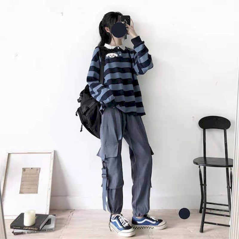 

Suit Women influencer's wear student's loose Preppy style polo collar sweatshirt + cargo pants casual streetwear hip hop 210526, Top and pants