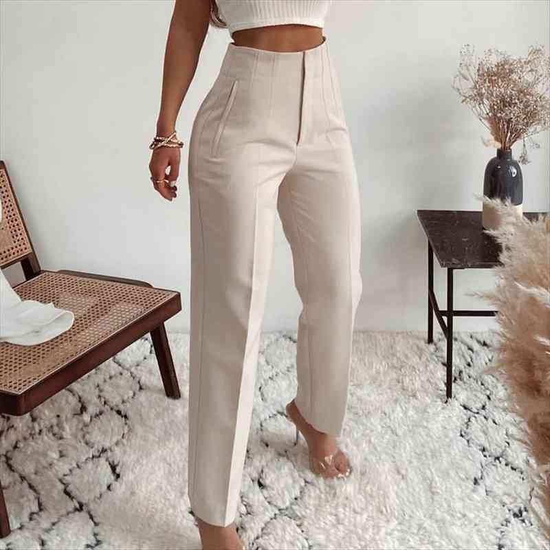 

fashion high waisted casual white trousers women brown stright pants office lady korean style za women mjuer, Black;white