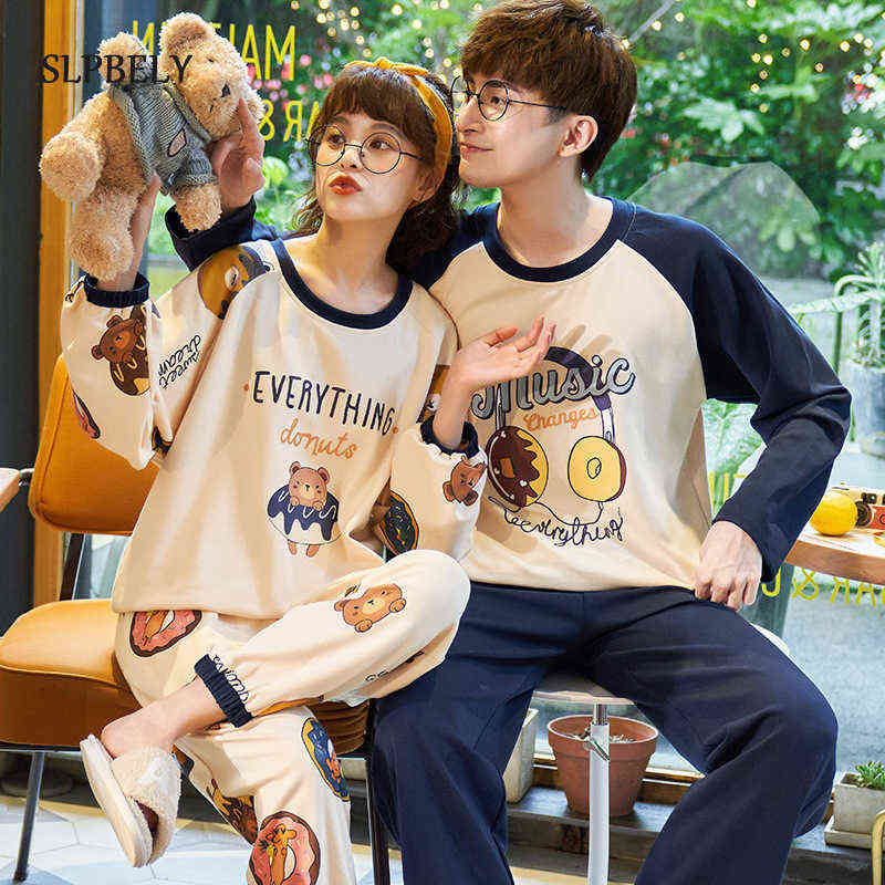 

SLPBELY Couple Pajamas Set Homesuit Autumn Winter Cartoon Bear Long Sleeve Men And Women Nightwear Male Female Lovers Pyjamas 211111, Dd6573