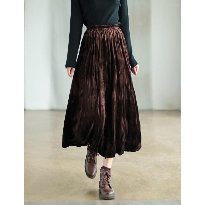 

Skirts Gold Velvet Wrinkled Skirt Winter Style Retro Loose All-match Elastic Waist Bottom Women's, Black