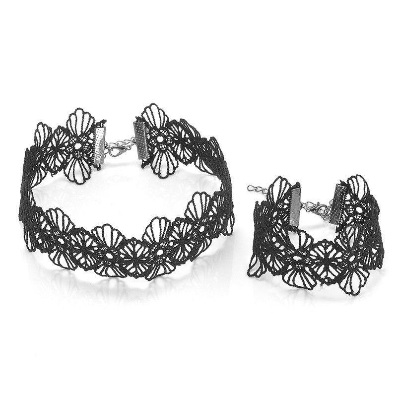 

Chains Bracelet Women Punk Necklace Jewelry Retro Black Lace Gothic Choker Flower Set Necklaces & Pendants, Silver