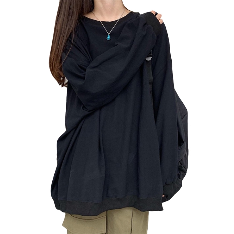 

ONCE Autumn Oversized T-shirts Round Neck Long Sleeve Korean Style Women Colthing Loose Casual Basic Solid Fashion Tops 210708, White