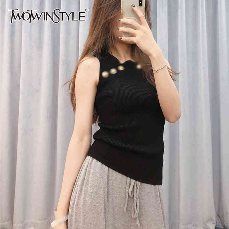 

Casual White Vest For Women Square Collar Sleeveless Hollow Out Slim Tank Top Females Summer Fashion Style 210524, Black