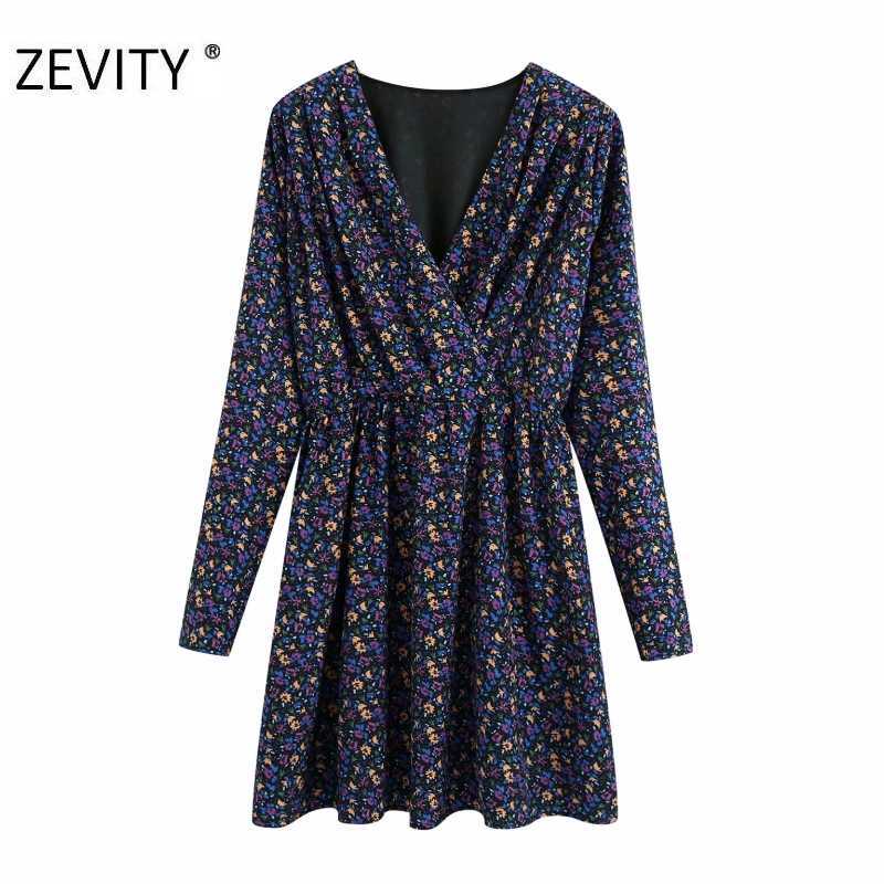 

ZEVITY women fashion pleat v neck floral print casual slim mini dress chic ladies zipper long sleeve vestido dresses DS4445 210603, As pic ds4445bb