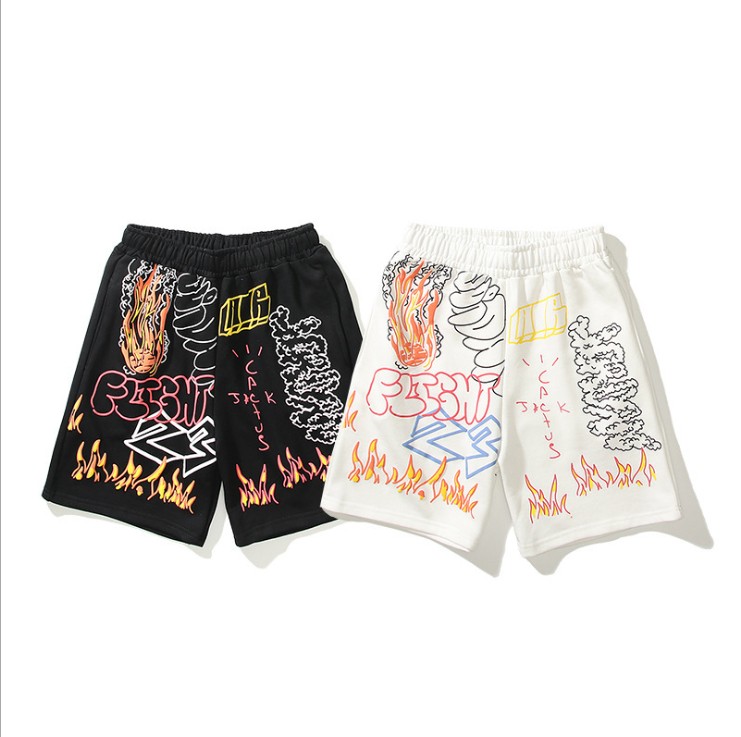 

Design Shorts flame Graffiti Casual Fashion Loose Sports Pants around the 2021 world, Black