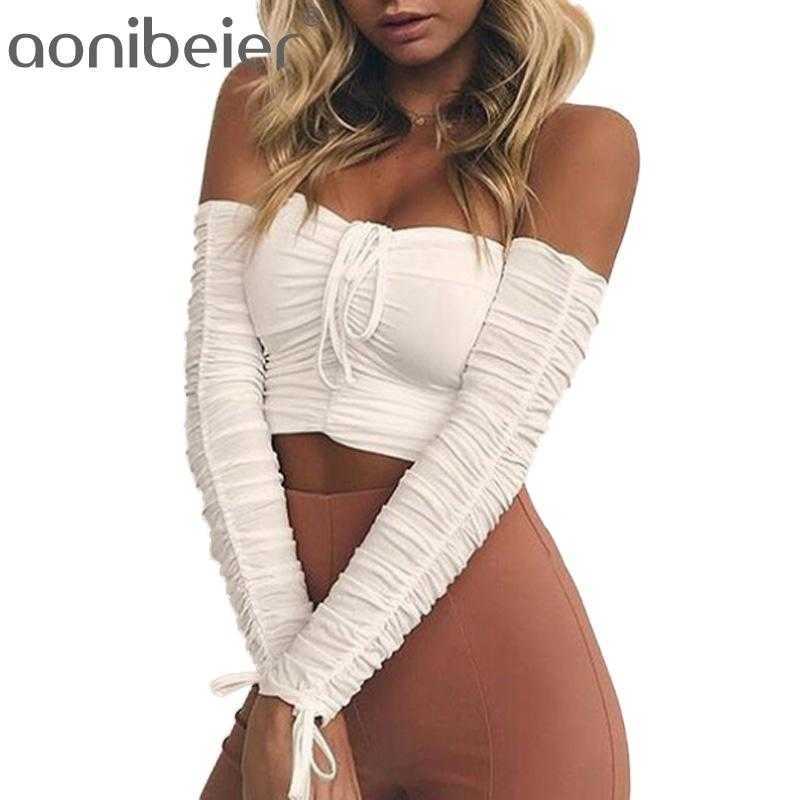 

Sexy Off Shoulder Women T-Shirt Spring Autumn Fashion Long Sleeve Bow Detail Ruched Tops Slash Neck Slim Fit Crop 210604, Black