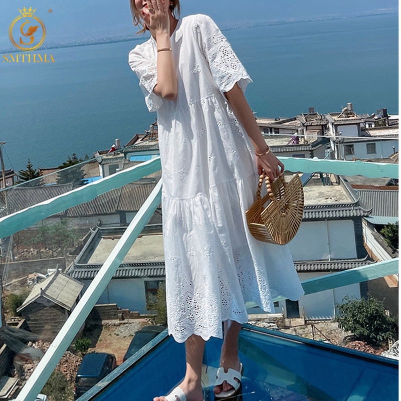 

Arrival Sweet Summer Vacation Dresses Women' Lace Hollow Out Embroidered White Loose Dress Vestidos 210520, Photo color