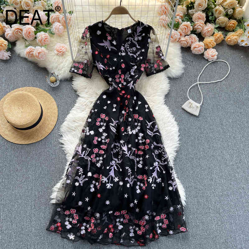 

Summer Arrivals Short Sleeve V-neck High Waist Embroidery A-line Pullover Long Dress MZ733 210525, Black
