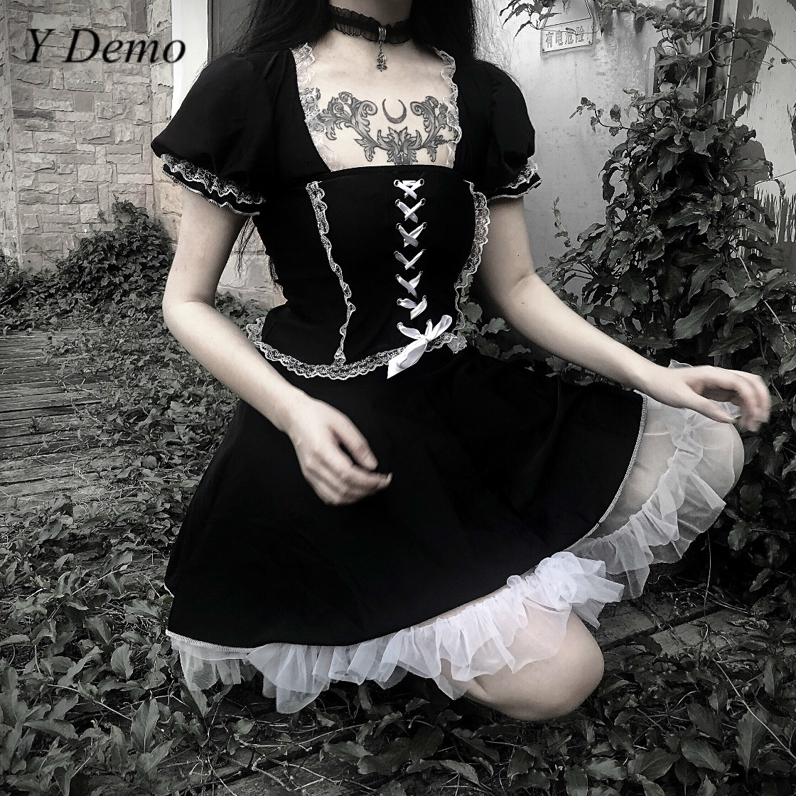 

Gothic Sexy Women Lace Dress Girl Black Waist Seal High Waist Dresses