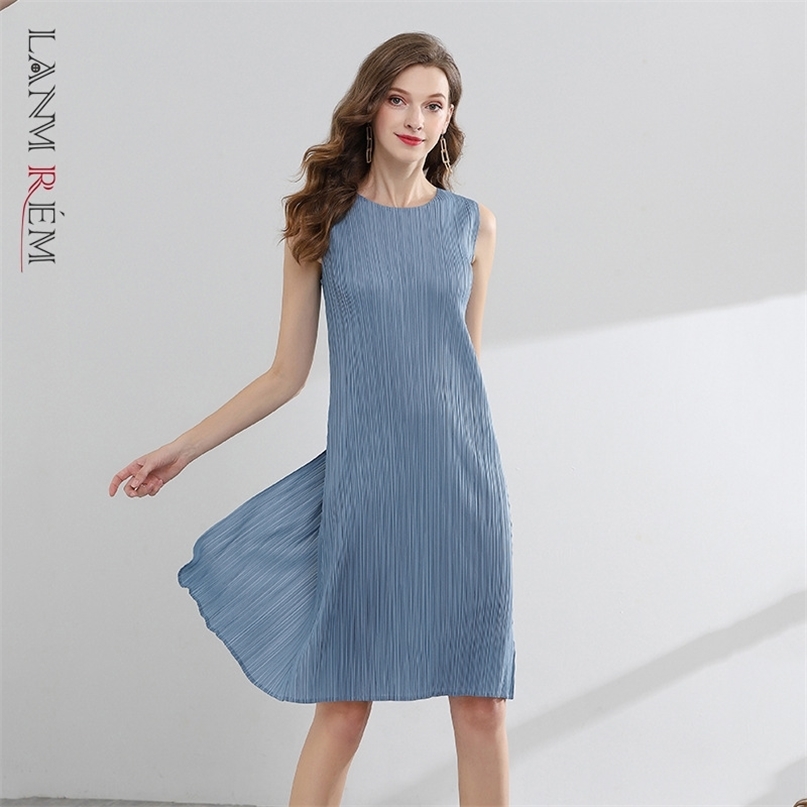 

Women Summer Dress Sleeveless Suspender Round Neck Slim Temperament Pleated Fashion 2H243 210526, Black