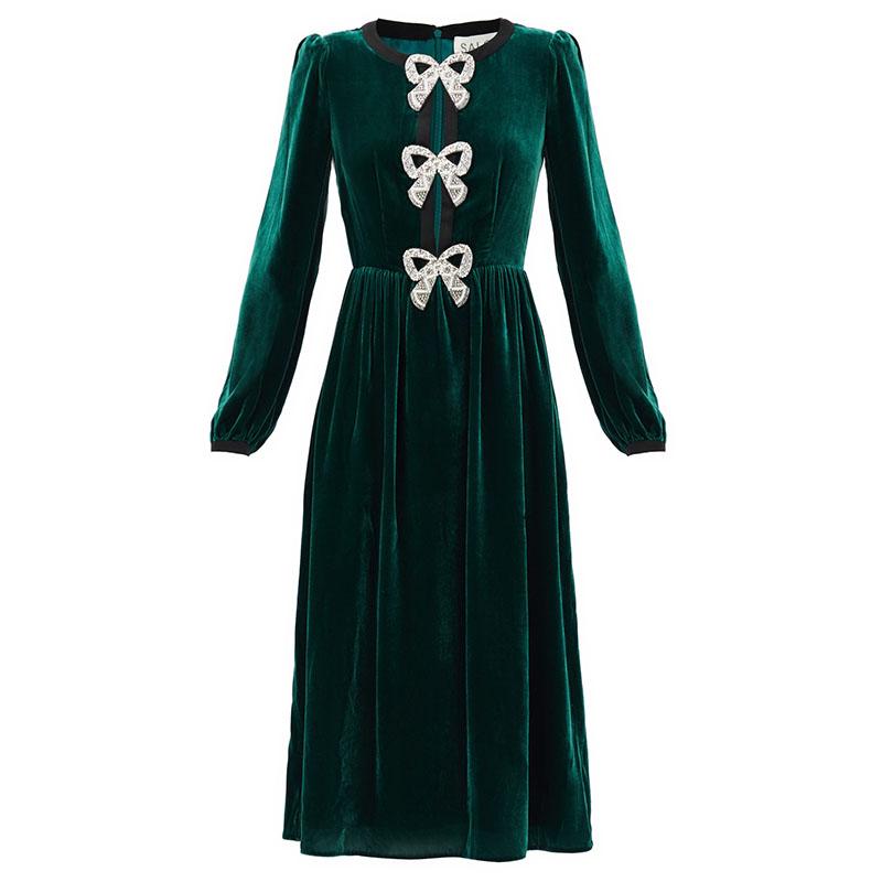 Dress For Women High Quality Spring Autumn Runway Velvet Glorious Beading Bows O-neck Long Sleeves Solid Vintage Elegant Party Casual Dresse