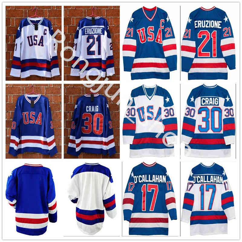 

1980 Miracle On Ice Team USA 21 Mike Eruzione Hockey Jersey Pullover 30 Jim Craig 17 Jack Callahan Blue White Stitched Mens Jerseys, Blank blue