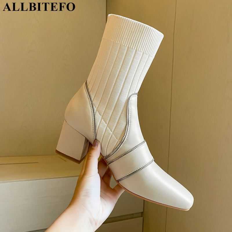 

ALLBITEFO Knitted wool + genuine leather women boots autumn winter fashion women high heel shoes women heels shoes ankle boots 210611, As picture