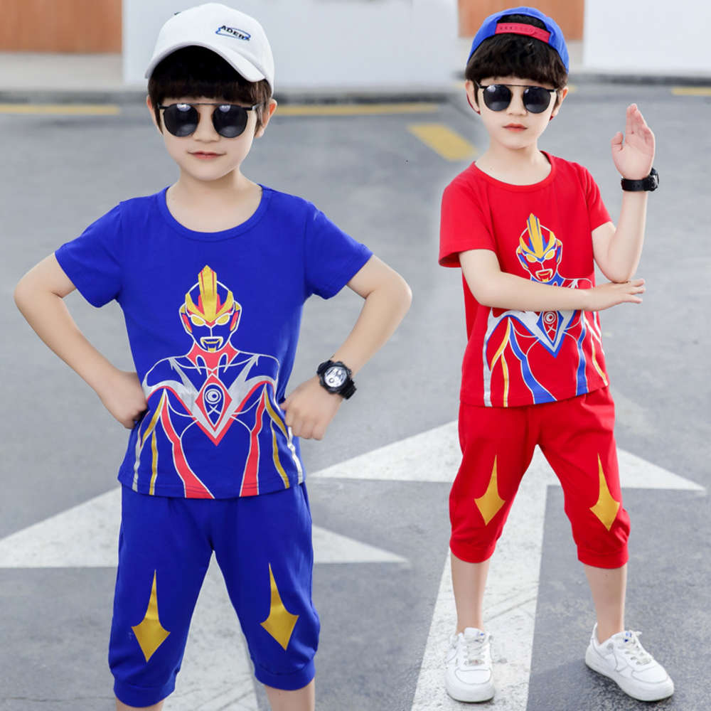 

Boys' summer suit children's short sleeve two piece Ultraman fashion, White