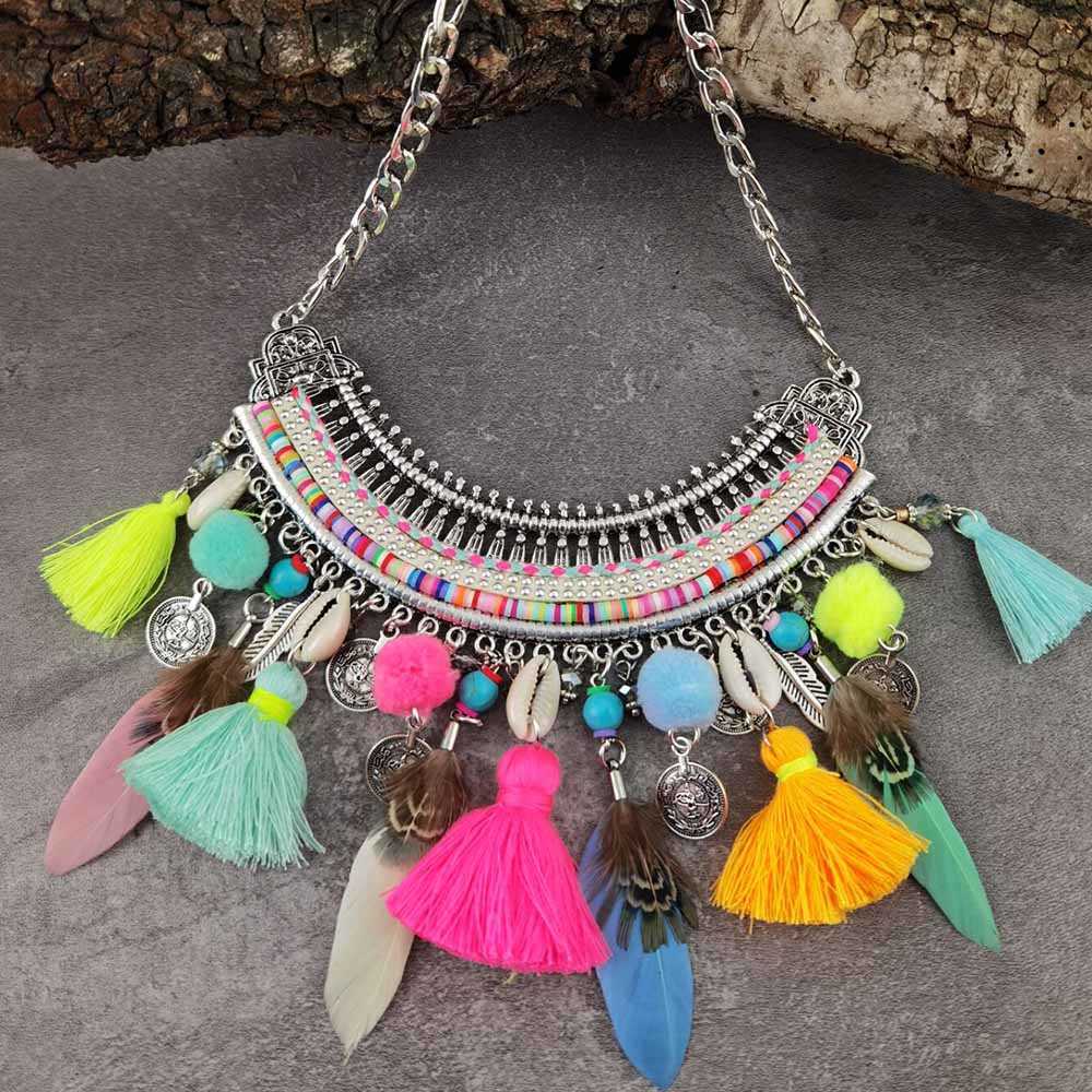 

Year Gift Bohemian Necklaces Pendants Women Handmade Pompom Collar Bib Choker Statement Necklace Ethnic Jewelry