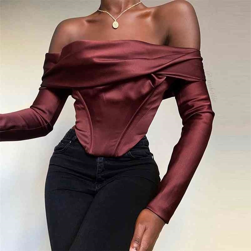 

Women Sexy Off Shoulder Slash Neck Blouse Solid Color Long Sleeve Slim Shirt Fashion Spring Summer 11B462 210525, Brugundy
