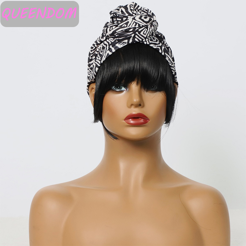 

short natural synthetic headband wig with bangs straight short head wraps turban cap wig heat resistant fiber lolita cosplay wig, Black
