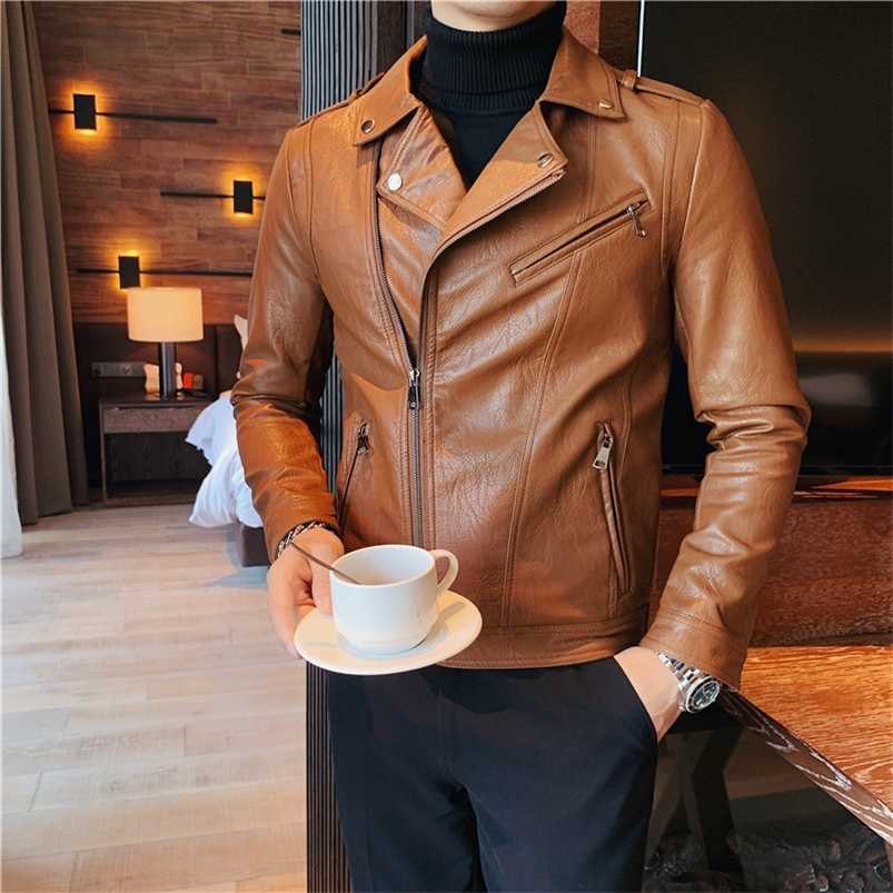 

High Quality Autumn Winter Fashion Diagonal Zipper Pu Leather Jacket Men Clothing Slim Fit Turn Down Collar Casual Coat 3XL 211111, Coffee