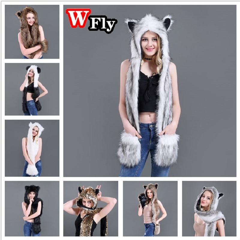 

Berets Women Men Winter Warm Hat Europe America Imitation Fur Plush Animal Cute Cartoon Scarf Gloves One Set Of Head Cap, Color 8