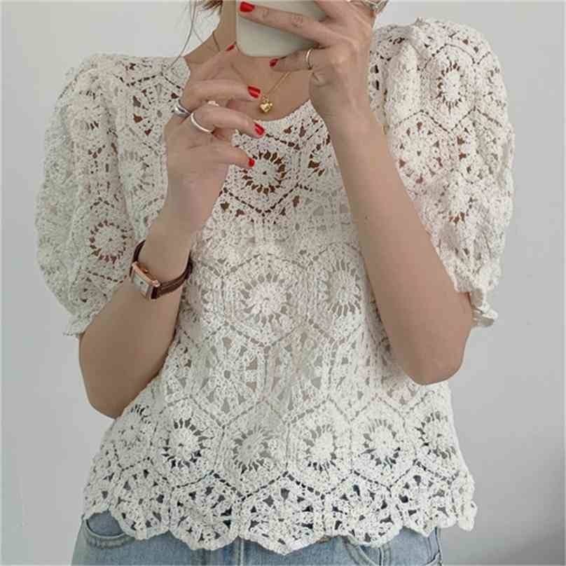 

Retro Femme Chic Hook Flowers Sunscreen Lace Pullovers Blouses Summer Short Sleeves Casual Tops Shirts 210525, White