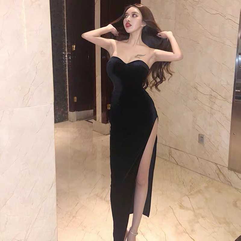 

Off-the-shoulder sleeveless tube top long dress feminine high slit velvet nightclub party irregular black 210604