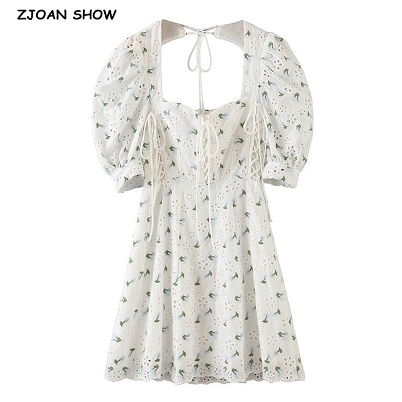 

Embroidery hollow Out Hole White Short Sleeve Dress Retro Hollow Back Slim Waist Wood ears Ruffles Mini Dresses Holiday 210429