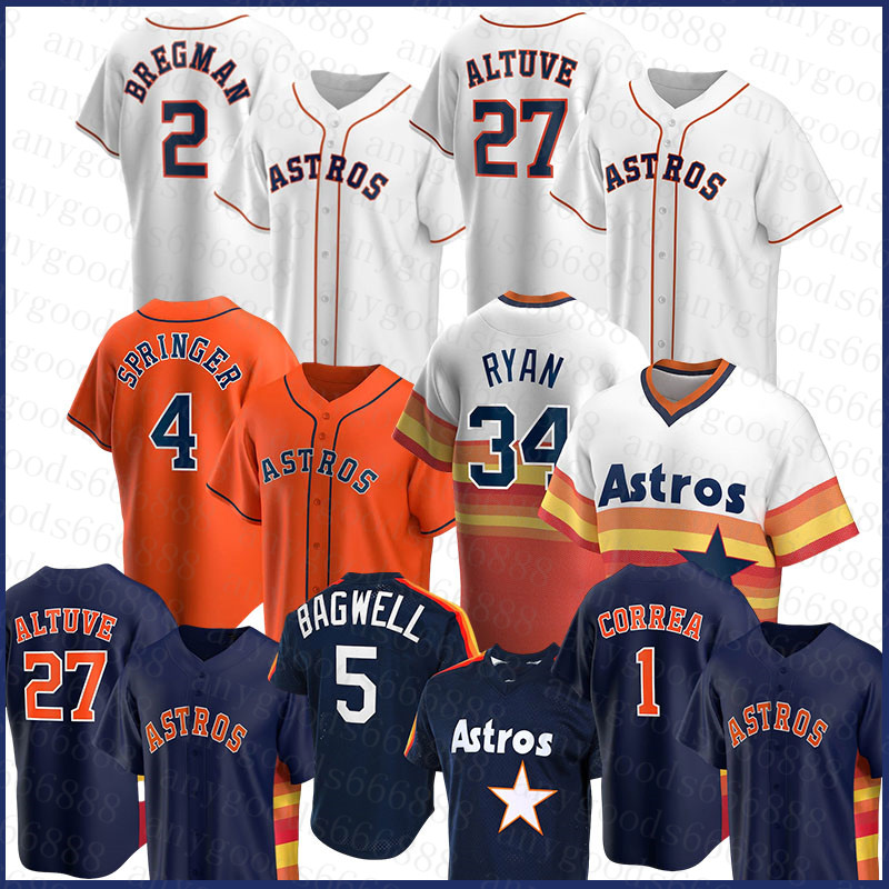 

Houston Custom Astros 27 Jose Altuve Baseball Jersey 2 Alex Bregman 4 George Springer 35 Justin Verlander 34 Nolan Ryan 7 Craig Biggio Jones, Blue;black