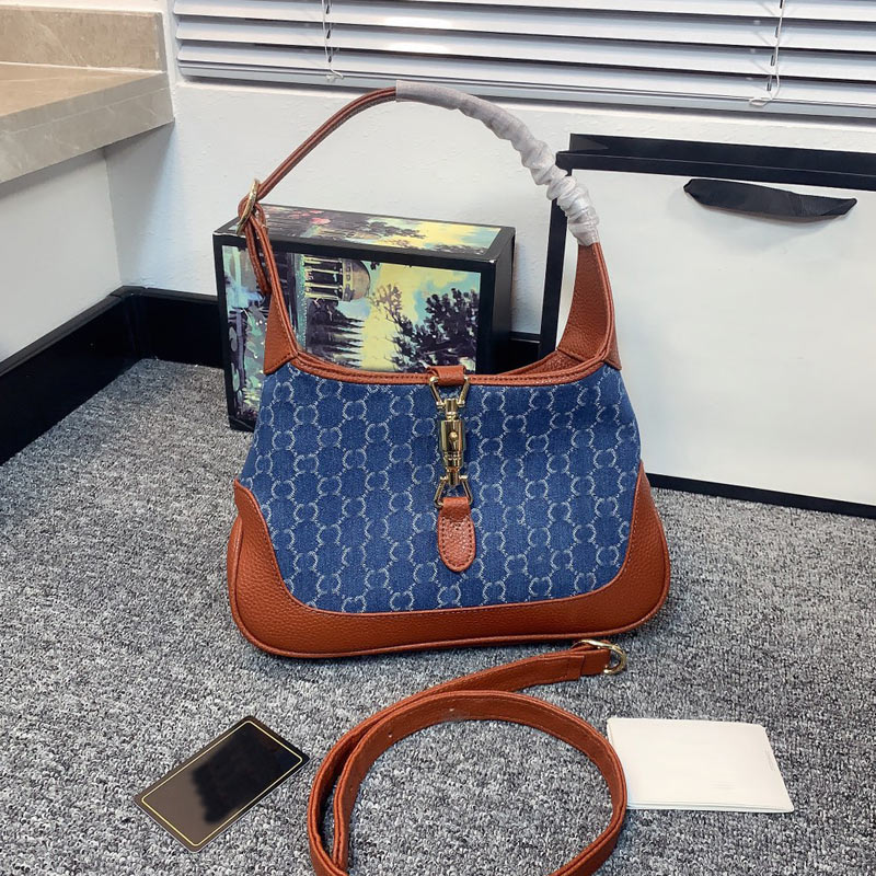 

Underarm Bag Women Handbags Purse Fashion Denim Canvas Patchwork Color Hardware Buckle Interior Zipper High Quality Removable Shoulder Strap, Blue