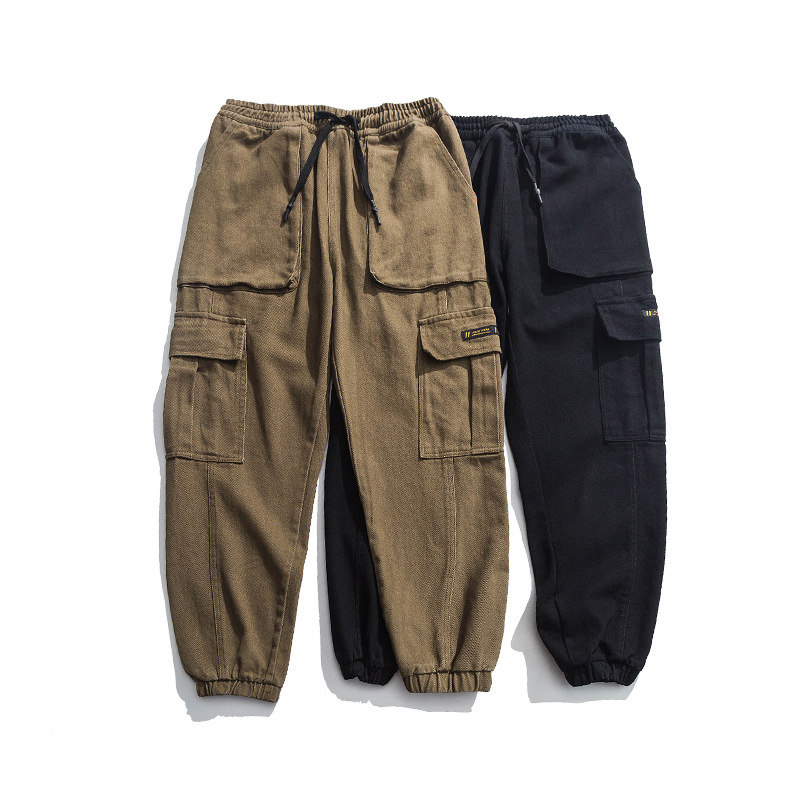 

QNPQYX New Autumn Men' Overalls Streetwear Cargo Pants Trendy Brand Ins Casual Trousers All-match Loose Drawstring Trousers, Black