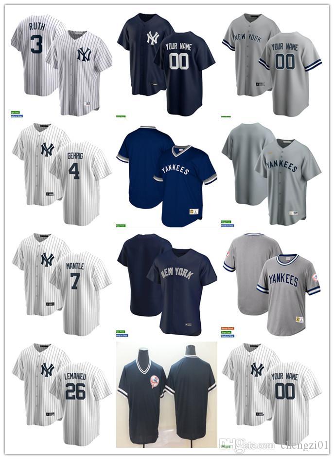 

Men Women Youth New York Yankees 4 Lou Gehrig 3 Babe Ruth 26 DJ LeMahieu 7 Mantle Custom Baseball Jersey Blank white gray na, Blue;black
