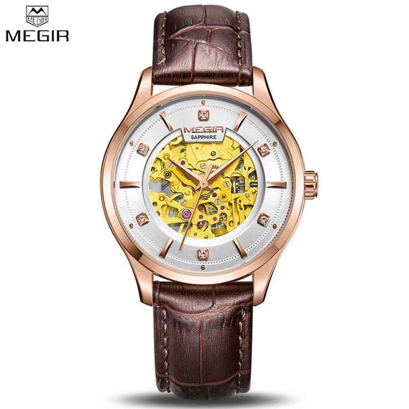 

Original MEGIR Automatic Mechanical Watch Luxury Gold Skeleton Men Watches Brown Leather Male Wrist Clock Montre Homme Relogios Wristwatches, Silver steel