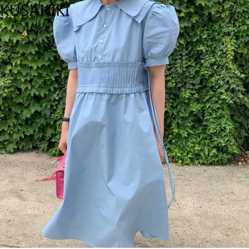 

KUSAHIKI Korean Chic Double-layer Collar Dresses Folds High Waist Puff Sleeve Sweet Woman Dress Summer Vestidos 6J137 210602, Blue