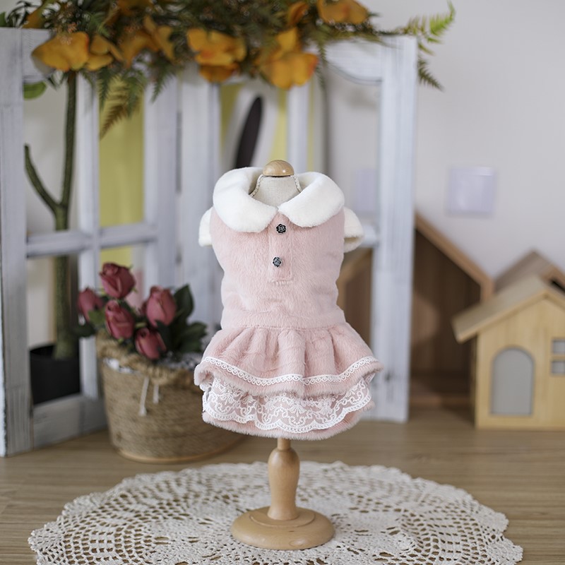 

Handmade Dog Apparel Coat Dress Pet Clothes Jacket Cute Pink Soft Warm Light Short Floss Lace Skirt Doll Collar Festival Holiday