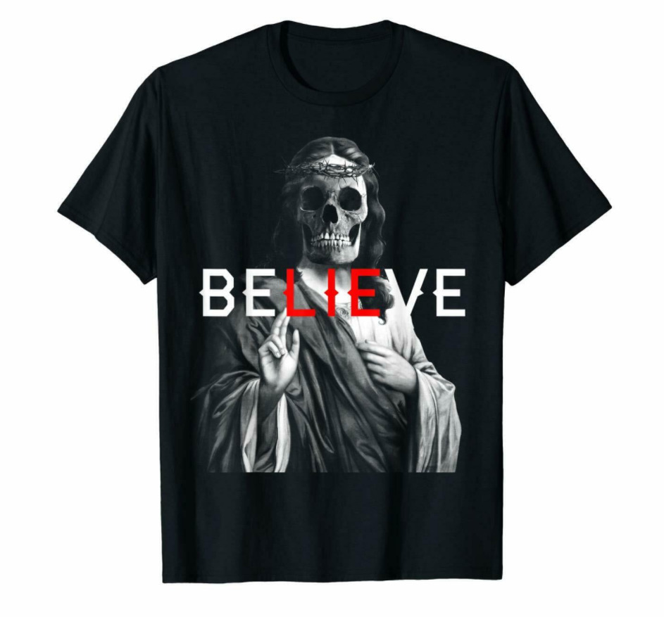 

R1 Blackcraft Antichrist Jesus Skull Believe Satan Atheist Black T-shirt, White;black