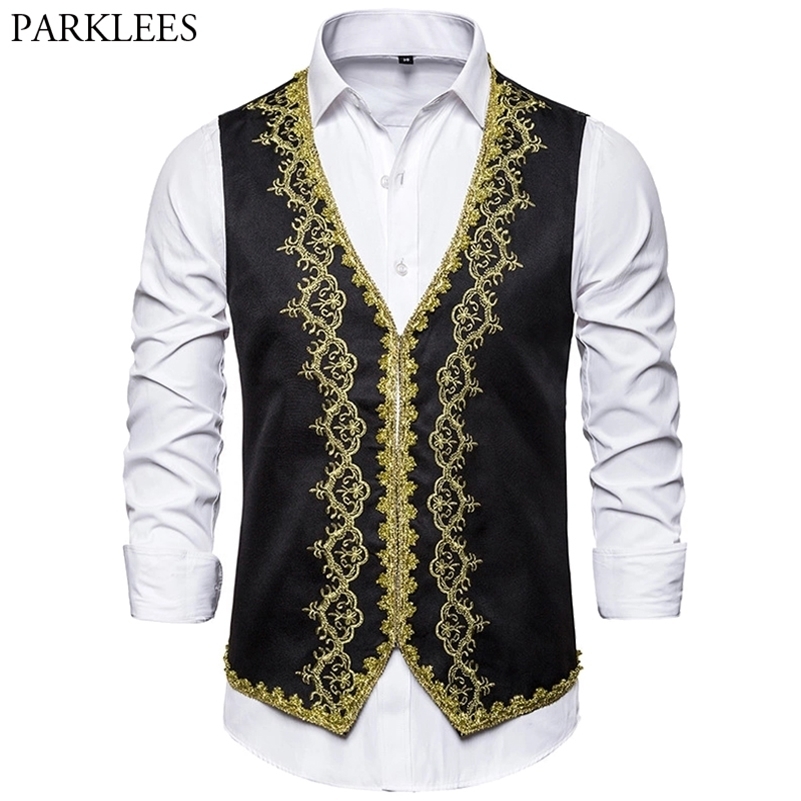 

Black Vest Men Gold Embroidery Baroque Mens Vest Dresses Vest Wedding Vests Men Luxury Waistcoat Men Gilet Homme Costume 210524, Red