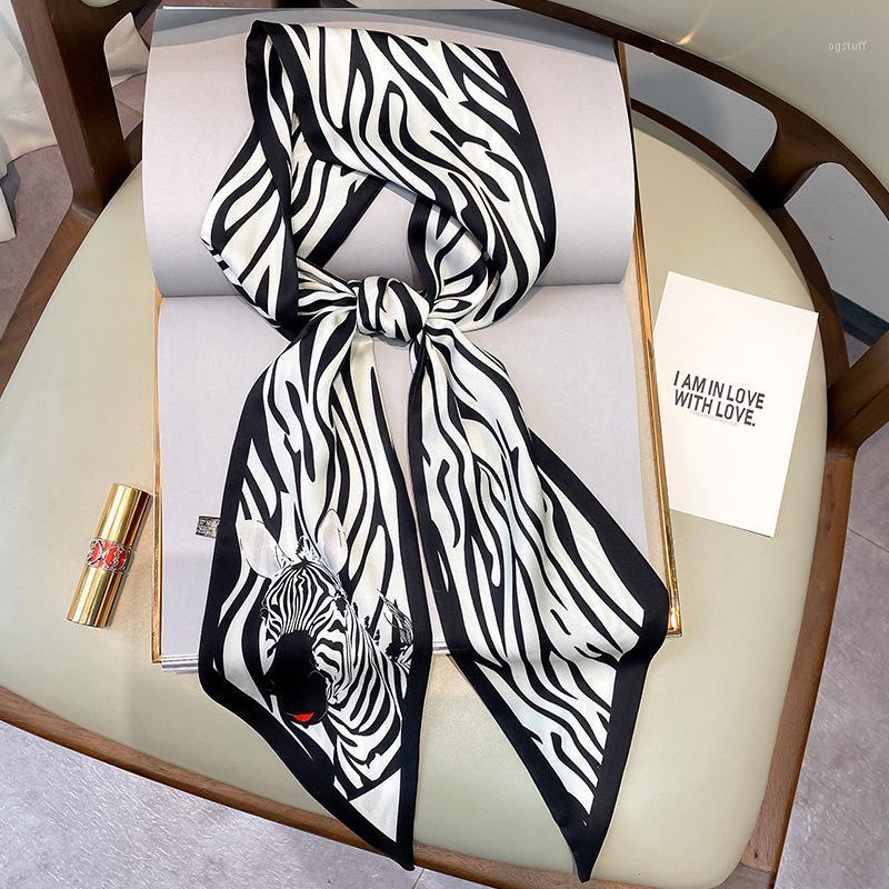 

Scarves South Korea Decorative Small Silk Scarf Women's Hair Band Thousand Bird Lattice Fashion Thin Narrow Long Ribbon, Blue;gray