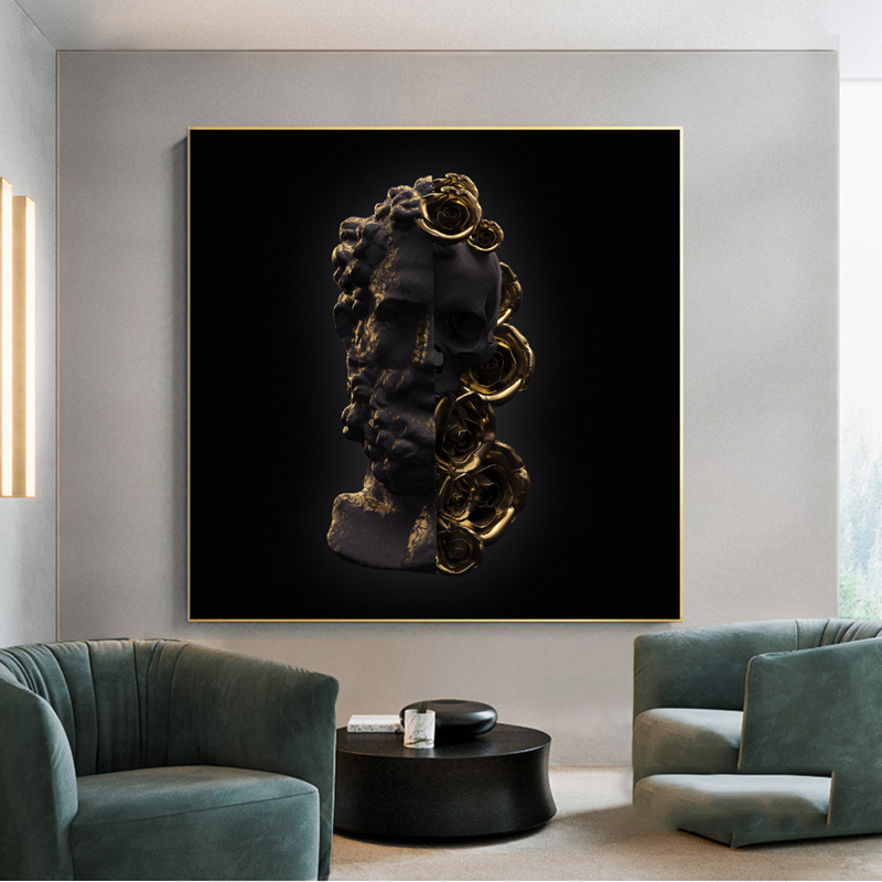 

Gold and Black Sculpture with Skull Flower Posters And Prints Canvas Paintings on the Wall Decorative Canvas Picture for Room