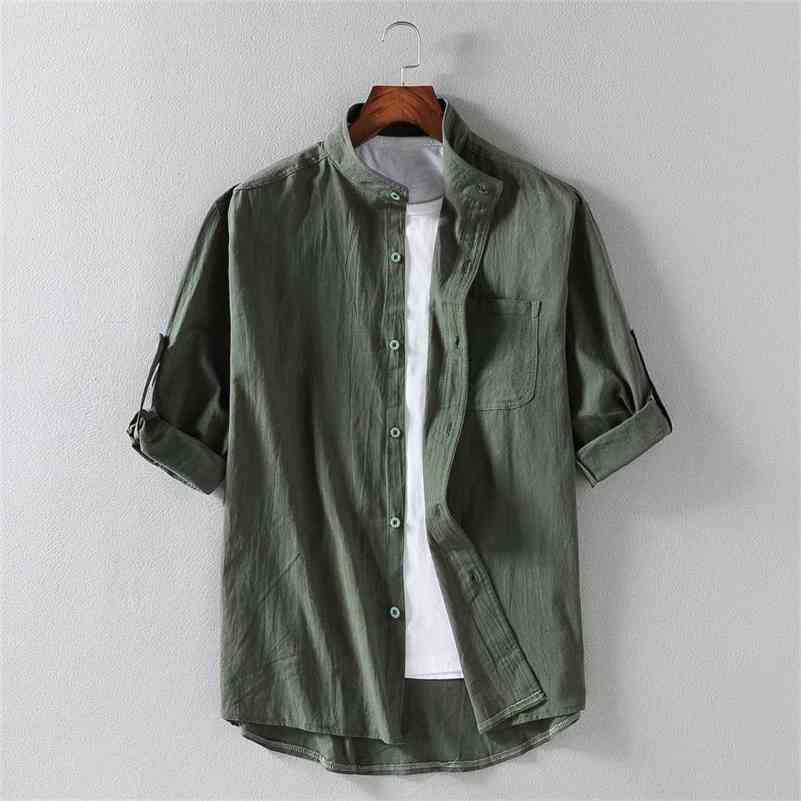 

Summer Shirts Men Loose Thin Cotton Short Sleeve Shirts Male Fashion Stand Solid Color 4XL 5XL 210701, Black