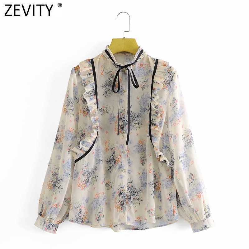 

Zevity Women Sweet Floral Print Press Pleat Ruffles Black Lace Up Shirt Lady Long Sleeve Chiffon Blouse Roupas Chic Tops LS9044 210603, As pic ls9044aazz