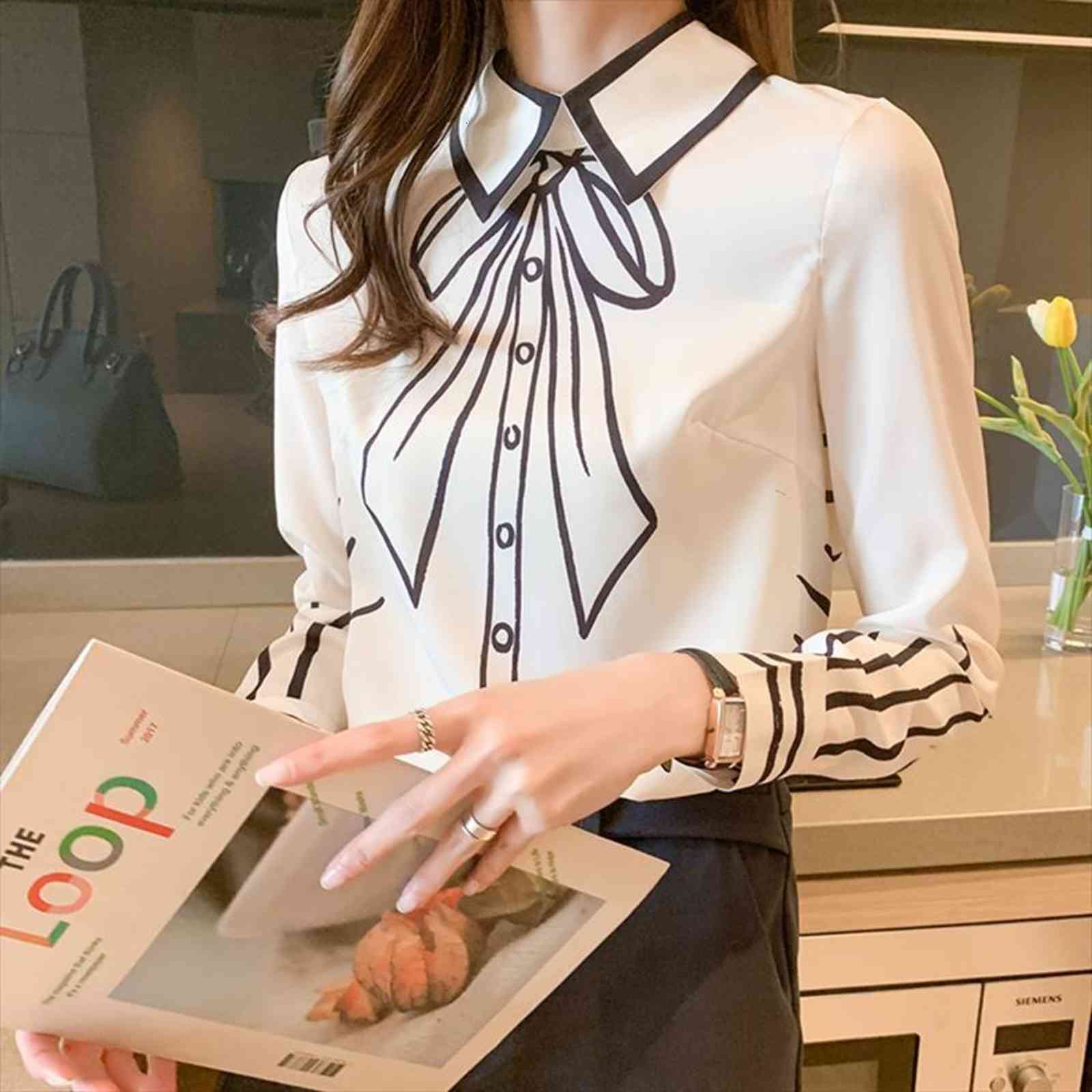 

Spring Silk Sweet Bowknot Printing Womens Shirts Long Sleeve Turn Down Collar Kawaii Tops Blusas Mujer, White